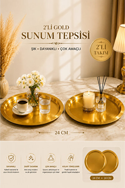 DEVADA HOME 2'li Gold Metal Sunum Tepsisi Dekoratif Yuvarlak Servis ve Kahve ...
