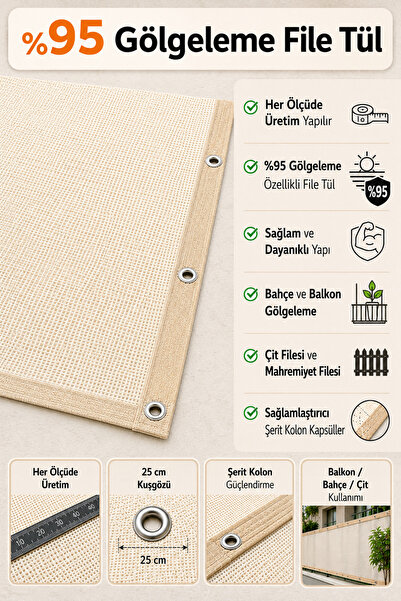 Branda Noktası Cream Colored - Shade Net - Fence Net - Balcony Net with Ribbo...