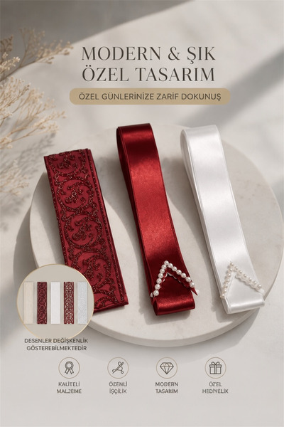 Muensu Kırmızı Beyaz İncili Takı Kurdele Seti ve Bel Kuşağı, Gelin Kemeri, Ta...