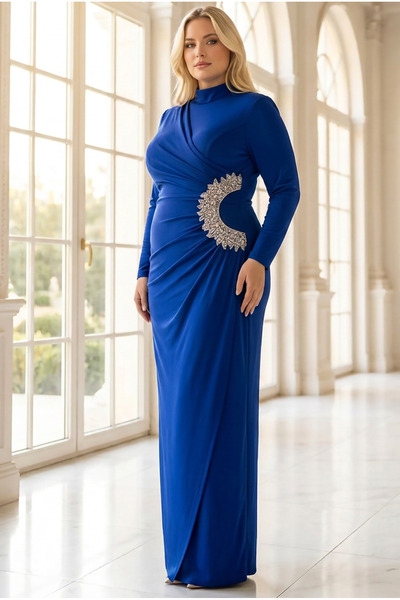 SUBU TASARIM Pile Detailed Stone Embroidered Lined Plus Size Hijab Evening Dr...