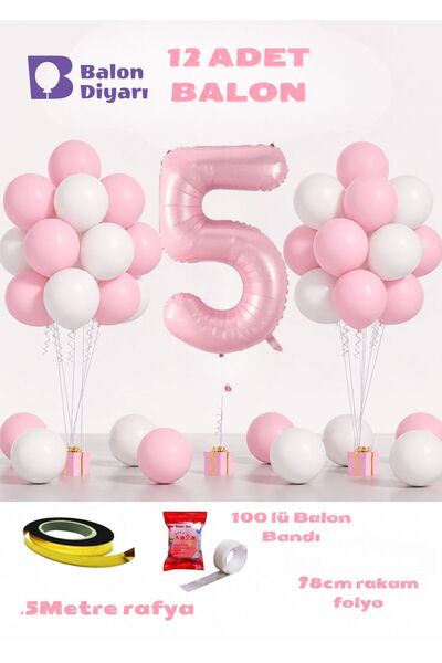 BALON DİYARI 5 Year Old Pink Birthday Balloon Set 78cm Balloon Including Ball...