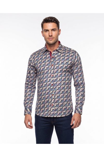 MAKROM Tasarım Erkek Slim Fit İtalyan Yaka Turna Kuşu Desenli Pamuklu Gömlek