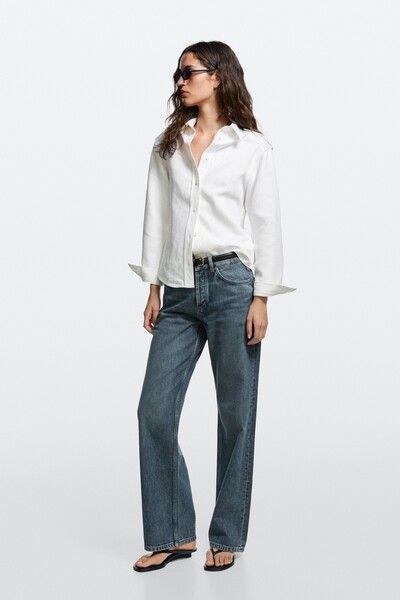 Massimo Dutti Pamuk ve keten karışımlı omuz detaylı gömlek