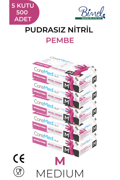 COREMED Nitril Pembe Pudrasız Muayene Eldiveni M - 5 Paket 100 lü