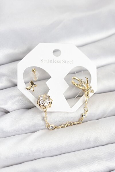 Inure Jewelry طقم أقراط على شكل فراشة من النحاس الذهبي مع سلسلة متصلة