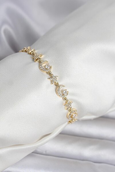 Inure Jewelry سوار نسائي من النحاس بلون ذهبي مرصع بحجر الزركون على شكل القمر ...