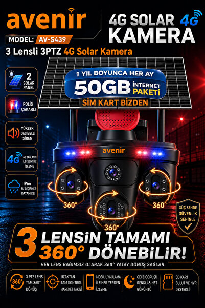 TRCharger S439 3 Lens 3PTZ Güneş Enerjili Solar 4G Sim Kartlı Kamera 3 MOTORİ...