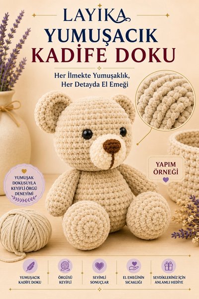Kent Pazarı LAYİKA Kadife Ayıcık Örgü Kiti – Başlangıç Seviyesi Dijital Video Rehberli Amigurumi Yapım Seti Set-A01