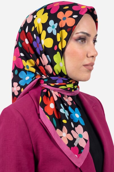 hadiora وشاح نسائي أسود متعدد الألوان من القطن العضوي الناعم بنقشة الزهور
