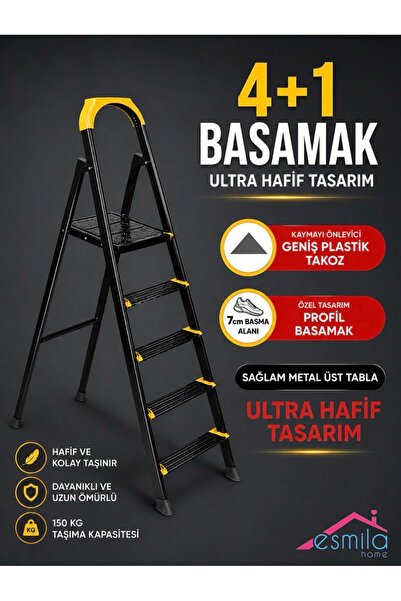 ESMİLA Siyah 4+1 Basamaklı Merdiven Hafif Tasarım Paslanmaz Kaydırmaz Ayaklı