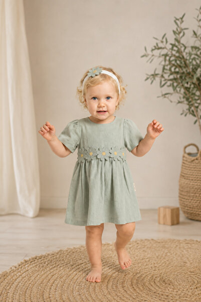 Elo Floral Detailed Short Sleeve Mint Linen Baby Dress