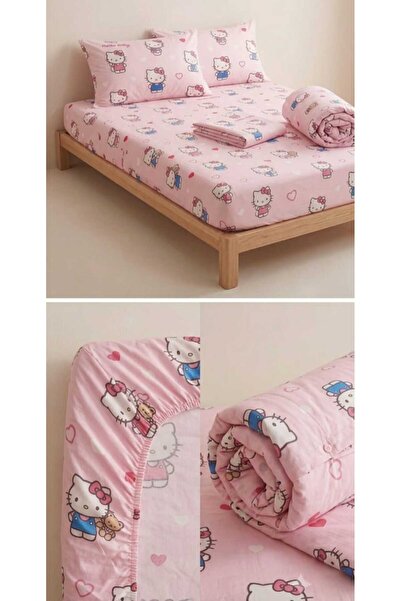 Erca Home Tekstil Ürünleri Hello Kty Bebek Lastikli Çarşaf ve Yastık Kılıfı (...