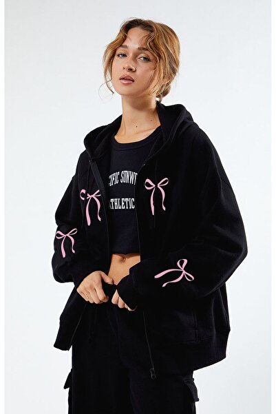 Boi Unisex Pembe Fiyonk Baskılı Sweatshirt Fermuarlı Hırka - Siyah Gri Oversi...