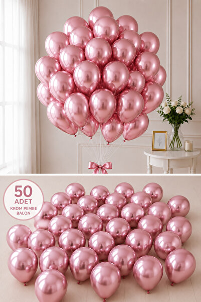 Parti dolabı Chrome Shiny Metallic Pink Color 50 Balloons