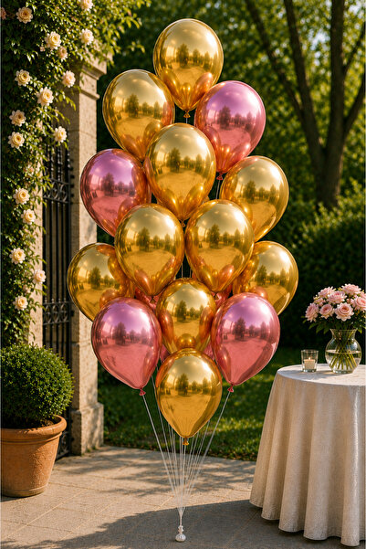 Parti dolabı Chrome Shiny Metallic Pink-Gold Color 15 Pack Balloon 10015Krmb