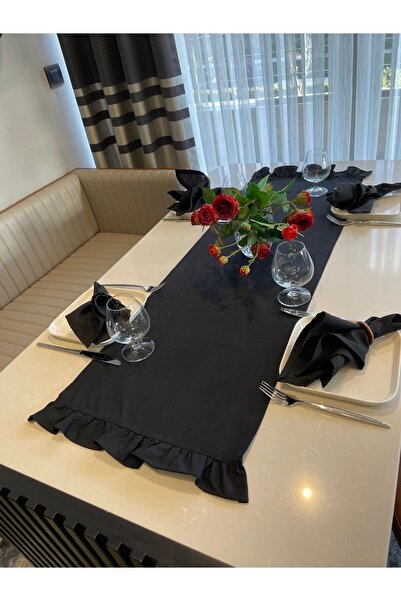 Decamor home Aura Black Raw Linen Single Layer Ruffled Seamless Runner