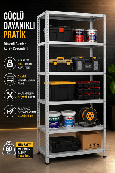 Genel Markalar 6 Katlı Galvaniz Çelik Raf - Depo, Arşiv, Kiler, Dosya, Rafı H...