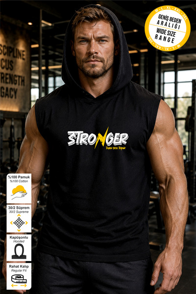 BESSA Men's Stronger Printed Black Oversize Crew Neck Cotton Hooded Sleeveles...