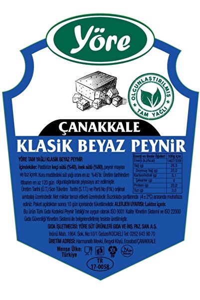 Yöre Çanakkale Klasik Beyaz Peyniri (%40 KEÇİ, %60 INEK SÜTÜ) 3 X 300 gr (900 gr)