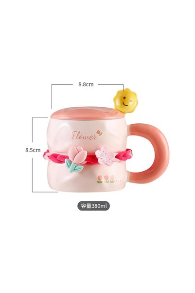 Dörtel Tedarik Sweet Floral Coffee Cup 380 ml Ceramic Mug with Lid and Spoon Mother's Day Gift