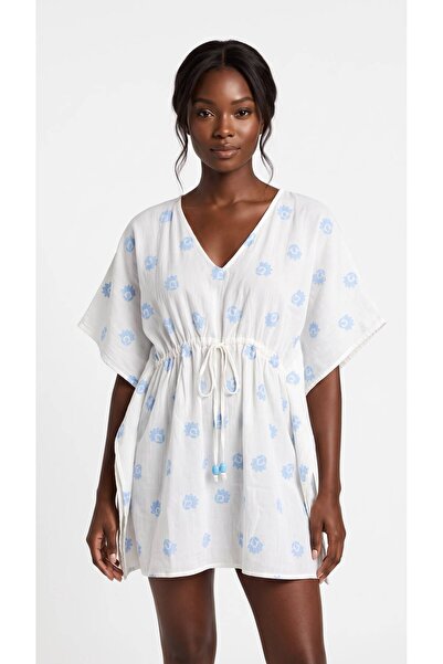Eight Fashion Top de baie din bumbac cu imprimeu floral alb-albastru pentru f...