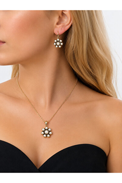 FUYA JEWELLERY İnci Taşlı Çiçek Motif Kolye, Küpe Set