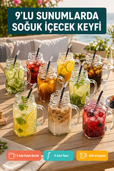 Open Home Concept 9-Piece Jar Cup Set with 9-Piece Straw Gift Set Model Cockt...