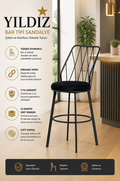 Buketim Mobilya (4lü) Yıldız Bar Sandalyesi Yüksek Oturumlu Sandalye