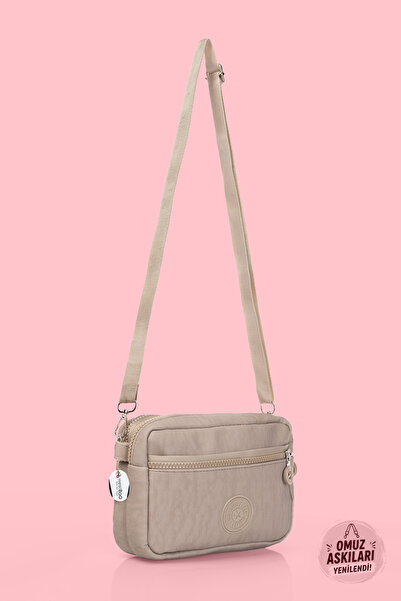 westbag Women's Crossbody Beige Three-Compartment Zippered Crinkle Casual Sho...