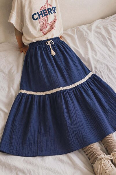 Cigit Ruffled Long Organic Muslin Skirt 3-12 Years Old Navy Blue