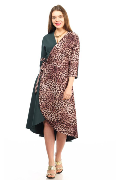 FRIST STYLE Elegant Turkish Midi Dress with Mid-Length Sleeves and Green Leop...