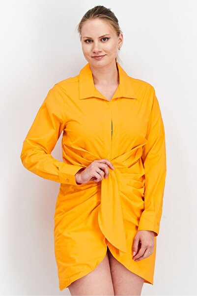 The Giving Movement Women Long Sleeve Rouched Shirt Dress, Neon Orange