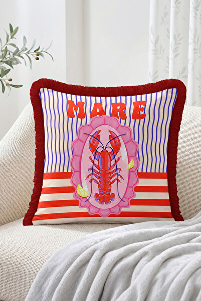 Realhomes Mare Written Lobster Figured Striped Patterned Fringed Throw Pillow...