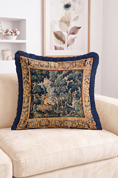 Realhomes Vintage Tapestry Navy Blue Fringed Throw Pillow Cover with Forest a...