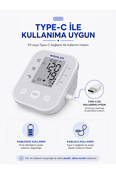 Wohler Üst Koldan Ölçer Dijital Tansiyon Aleti , Nabız Ölçer, TYPC-E , 99 Ölçüm Hafıza Çantalı
