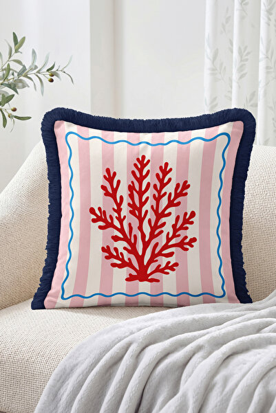 Realhomes Coral Figured Striped Marine Themed Fringed Throw Pillow Cover - Mo...