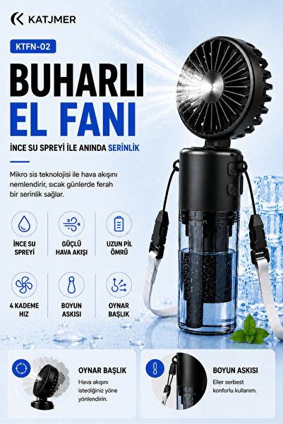 KATJMER KTFN-02 Şarjlı Buhar Destekli El Fanı Taşınabilir Mini Serinletici Fan