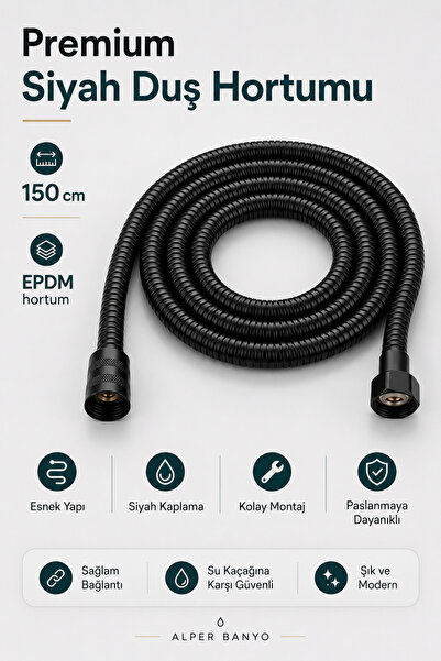 Alper Banyo Siyah Duş Hortumu 150 cm EPDM Esnek Duş Spirali Paslanmaya Dayanı...