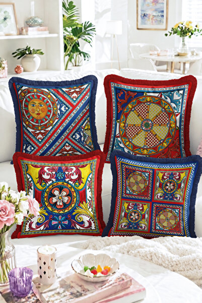 Realhomes Tile Patterned Sun Face and Geometric Motifs 4-Piece Fringed Throw ...