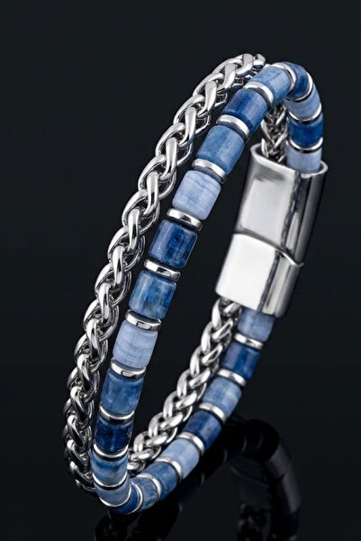 OSMANLI GÜMÜŞ Men's Steel Bracelet Aquamarine (Light Blue) Steel Mesh Detaile...