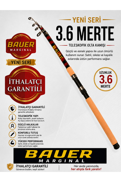 tmcn Bauer MARJİNAL 360 cm RED GARANTİLİ Çelik Sarım Olta Kamışı 100-300 GR A...