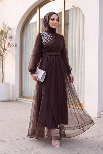 Modamorfo Front Stone Detail Draped Belted Tulle Evening Dress - Dark Brown