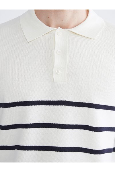 LC Waikiki Nevavm Farkıyla Southblue Ecru Knitwear Striped Polo Collar Men's Sweater
