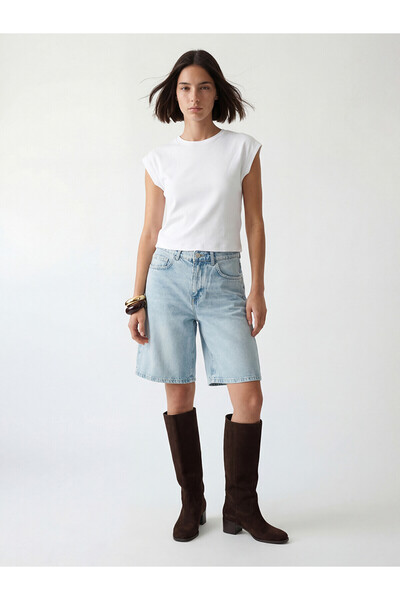 LC Waikiki Trendlucky High Waist Bermuda Fit Women's Jean Shorts with a Diffe...