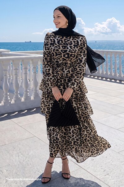 InStyle Καφέ φόρεμα με λεοπάρ σχέδιο και ζώνη