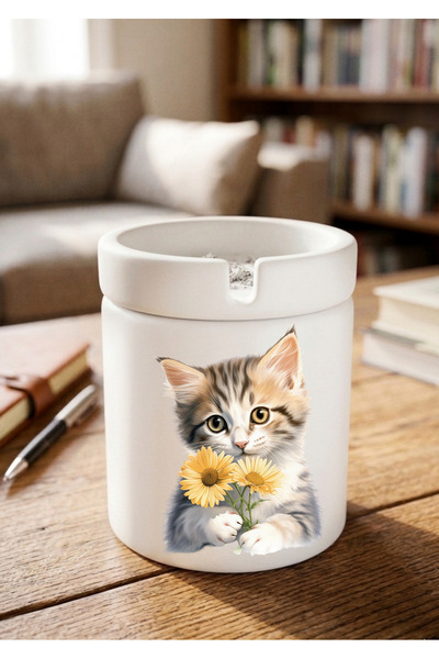 Eylül Design Cute Floral Cat Printed Special Design Printed Ceramic Ashtray O...