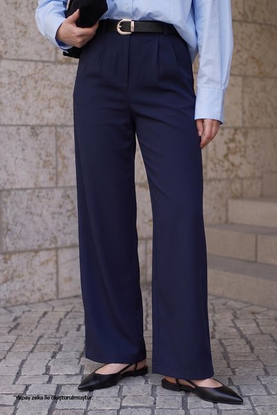 InStyle talie înaltă Bleumarin plisat pantaloni palazzo