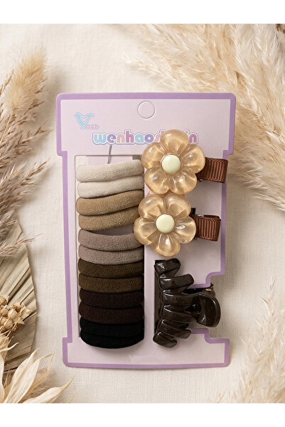 Laria Earth Tone 3 Types of Hair Accessories – 12 Elastic Bands, 2 Flower Cli...