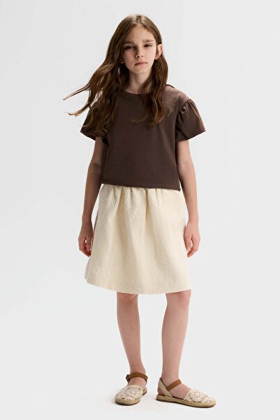 Generic Brand Nk girl's balloon sleeve crew neck basic t-shirt, ages 8-14, brown