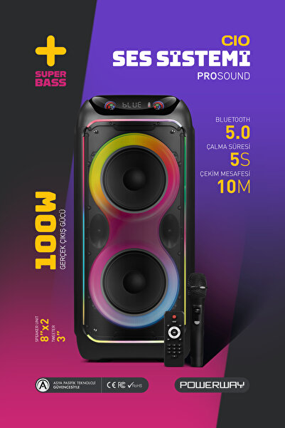 POWERWAY CIO 100W Hoparlör Gitar Saz Girişli Karaoke Parti Ses Sistemi 80 CM ...